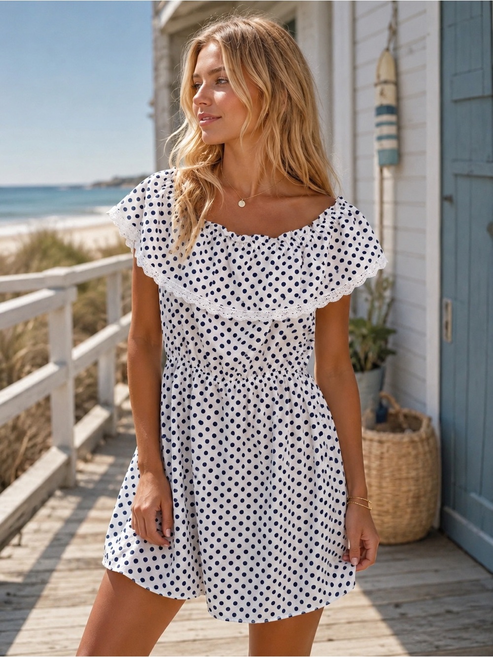 Anthropologie E&M Off-Shoulder Polka Dot Mini Dress - White with Navy Dots